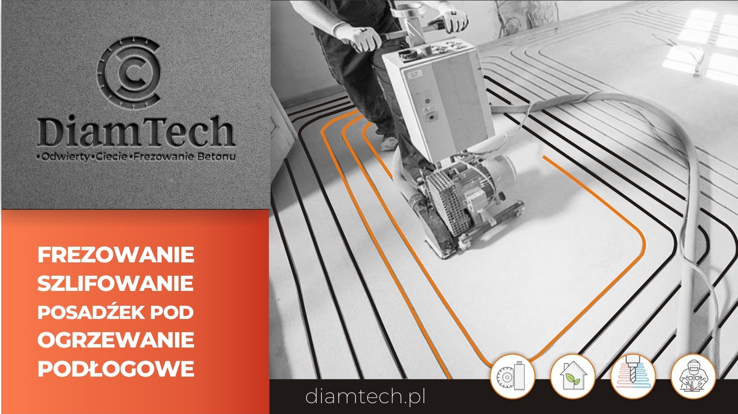 Wiercenie w betonie techniką diamentową , frezowanie pod ogrzewanie podłogowe.