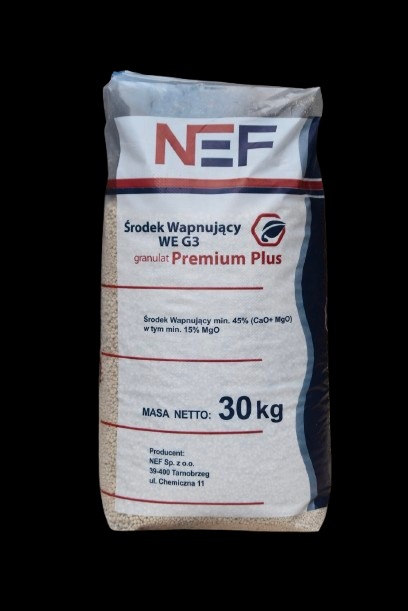 Wapno nawozowe NEF WE G3 Premium Plus w 30 kg worku, granulat wapnujący z deklarowaną zawartością CaO i MgO. Widoczny adres producenta.