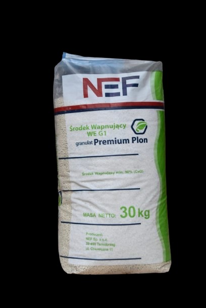 Wapnowany środek WE G1, granulat Premium Plon w 30 kg worku marki NEF. Środek wapnujący, minimalna zawartość 50% CaO.