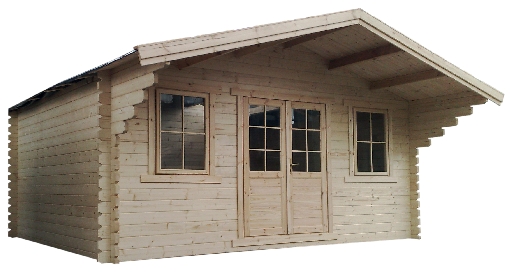 Gotowy, surowy, drewniany domek letniskowy z bali, z dwuskrzydłowymi drzwiami i dwoma oknami, bez malowania, z widoczną strukturą drewna.