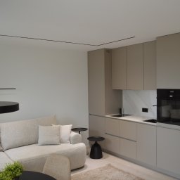 Art Design Grzegorz Kędzierski - Nowoczesne wnętrze: beżowa zabudowa kuchenna z piekarnikiem, marmurowy backsplash, minimalistyczne oświetlenie i sofa z poduszkami w salonie.