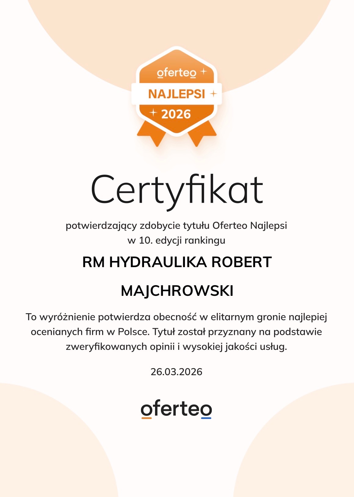 Certyfikat Oferteo Najlepsi 2026 dla RM Hydraulika Robert Majchrowski, potwierdzający obecność w elitarnym gronie najlepiej ocenianych firm w Polsce.