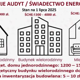 Cennik audytów energetycznych i ŚCHE podlega negocjacjom, gdy nie ma dokumentacji budowlanej, instalacji i urządzeń grzewczych, przygotowania c.w.u. klimatyzacji, wentylacji, PV, innych.