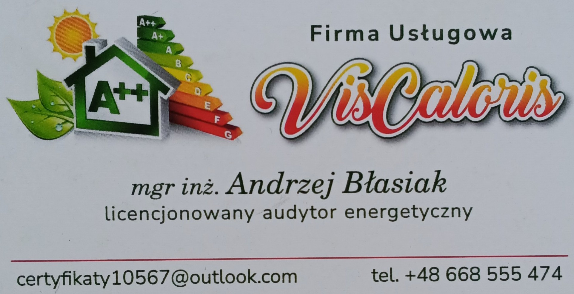 Wizytówka firmy Vis Caloris z logo w postaci domu z klasą energetyczną A++, słońcem i liśćmi, dane kontaktowe audytora energetycznego Andrzeja Błasiaka.