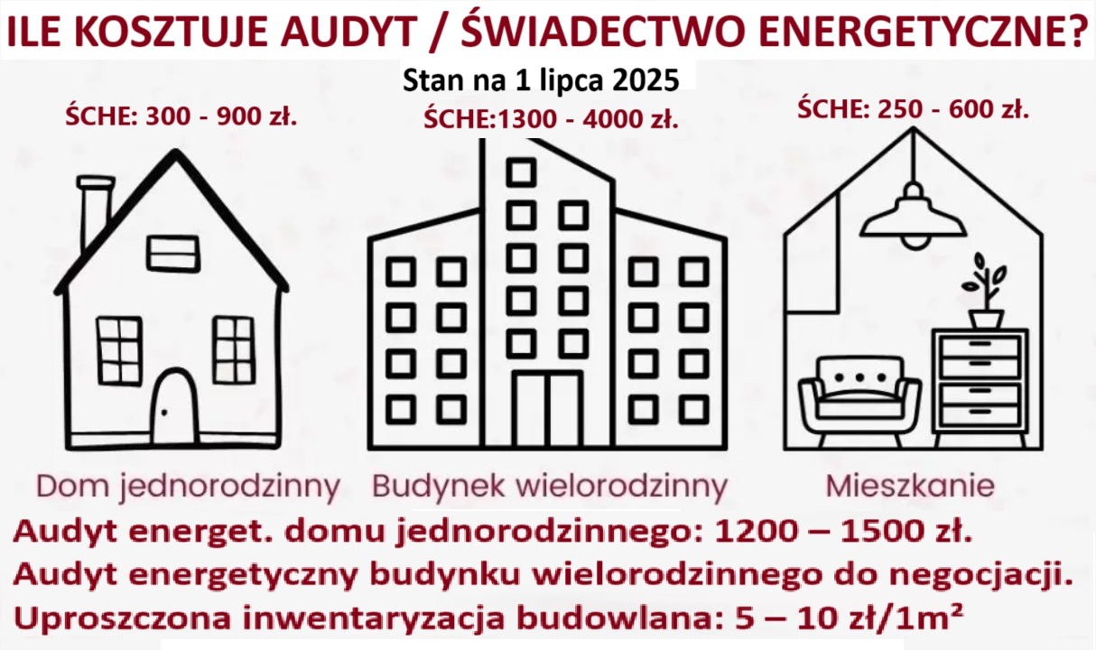 Cennik audytów energetycznych i ŚCHE dla domu jednorodzinnego, budynku wielorodzinnego i mieszkania, z podanymi orientacyjnymi cenami. Stan na 1 lipca 2025.