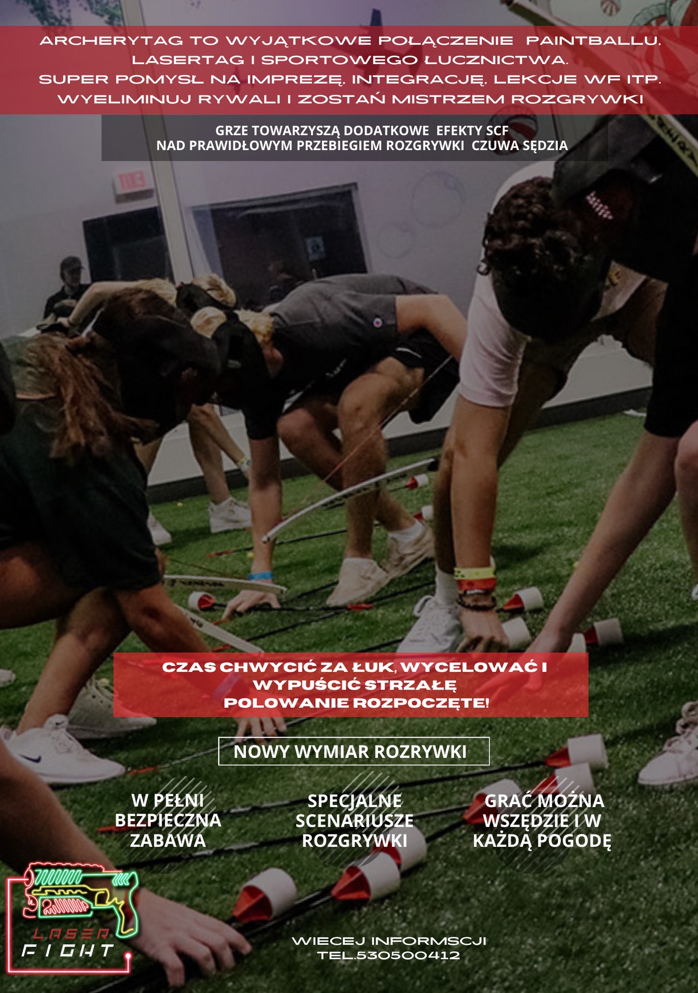 Archerytag: połączenie paintballu i łucznictwa. Grupa osób celuje z łuków na zielonej powierzchni. Bezpieczna zabawa z sędzią nadzorującym rozgrywkę.