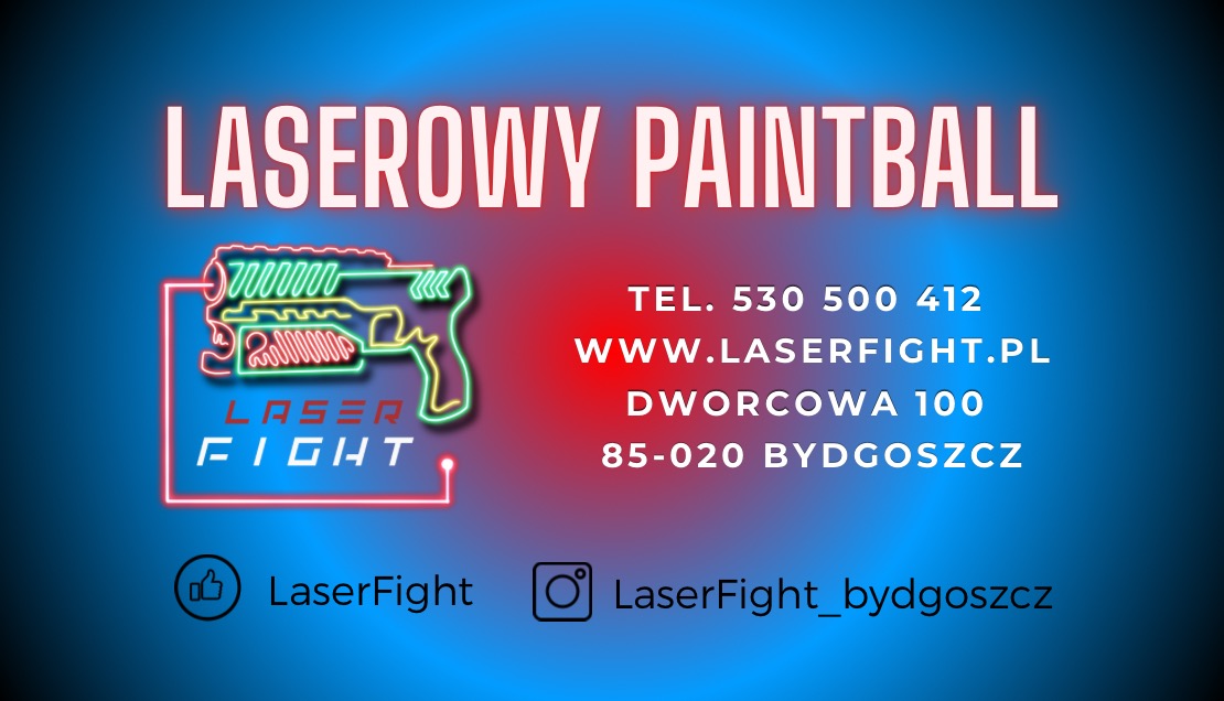 Neonowy baner Laserowy Paintball z adresem w Bydgoszczy, numerem telefonu i logiem pistoletu, podkreślony nazwami kont społecznościowych LaserFight.