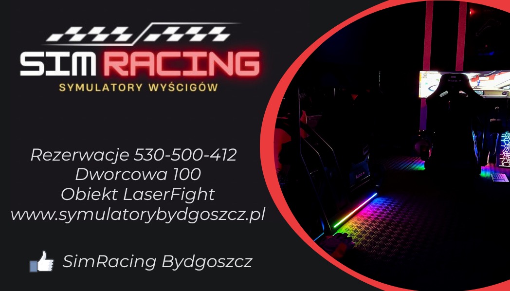 Wnętrze Sim Racing Bydgoszcz: stanowiska z symulatorami wyścigów, neonowe oświetlenie pod fotelami, adres i numer telefonu do rezerwacji.