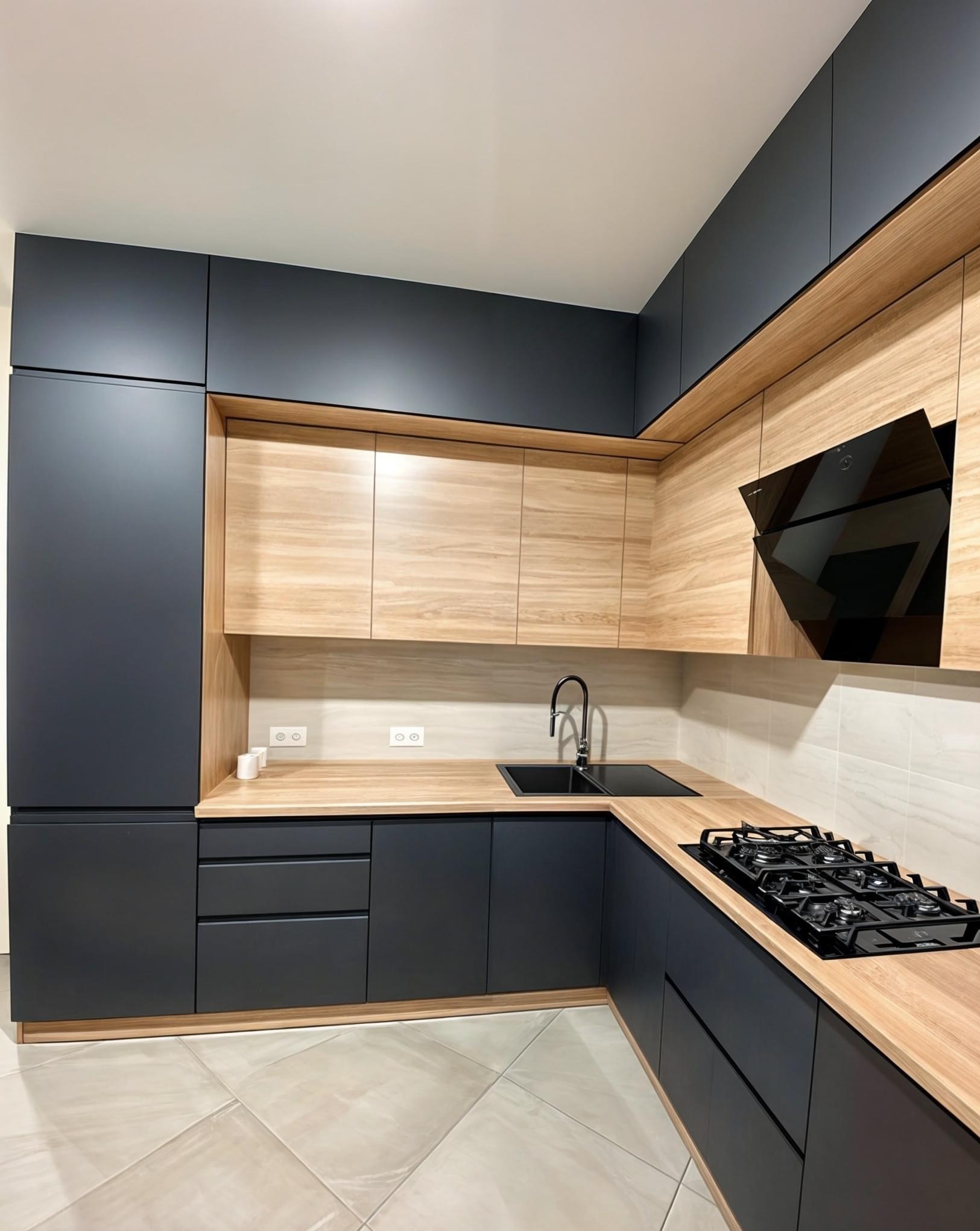 Nowoczesna kuchnia w odcieniach grafitu i drewna, z czarnym zlewem i płytą gazową. Minimalistyczny design, jasne płytki na ścianie i podłodze.