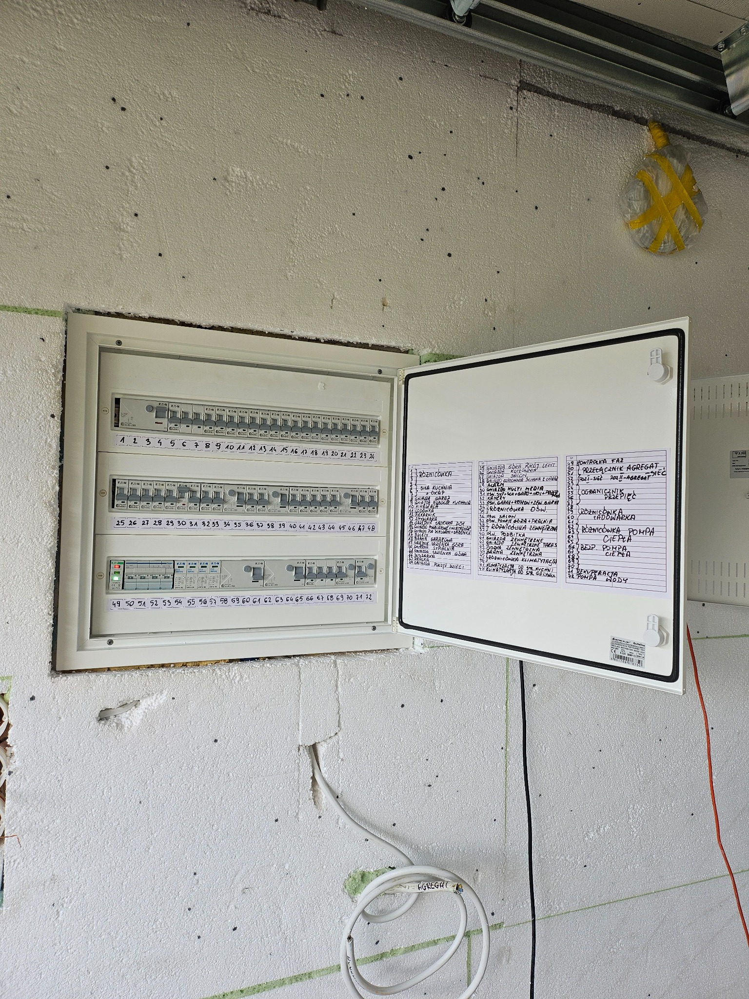 Otwarta skrzynka elektryczna z listą obwodów na drzwiach, zamontowana na ścianie z izolacją. Widoczne bezpieczniki i przewody.