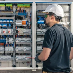 Elektryk w kasku i okularach ochronnych, z narzędziem w dłoni, kontroluje rozdzielnicę elektryczną z licznymi zabezpieczeniami i przewodami.