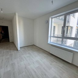 Andrii Derevianko - Jasne, puste wnętrze z panelami podłogowymi i dużym oknem z widokiem na balkon sąsiedniego budynku. Świeżo wykończone ściany i grzejnik pod oknem.