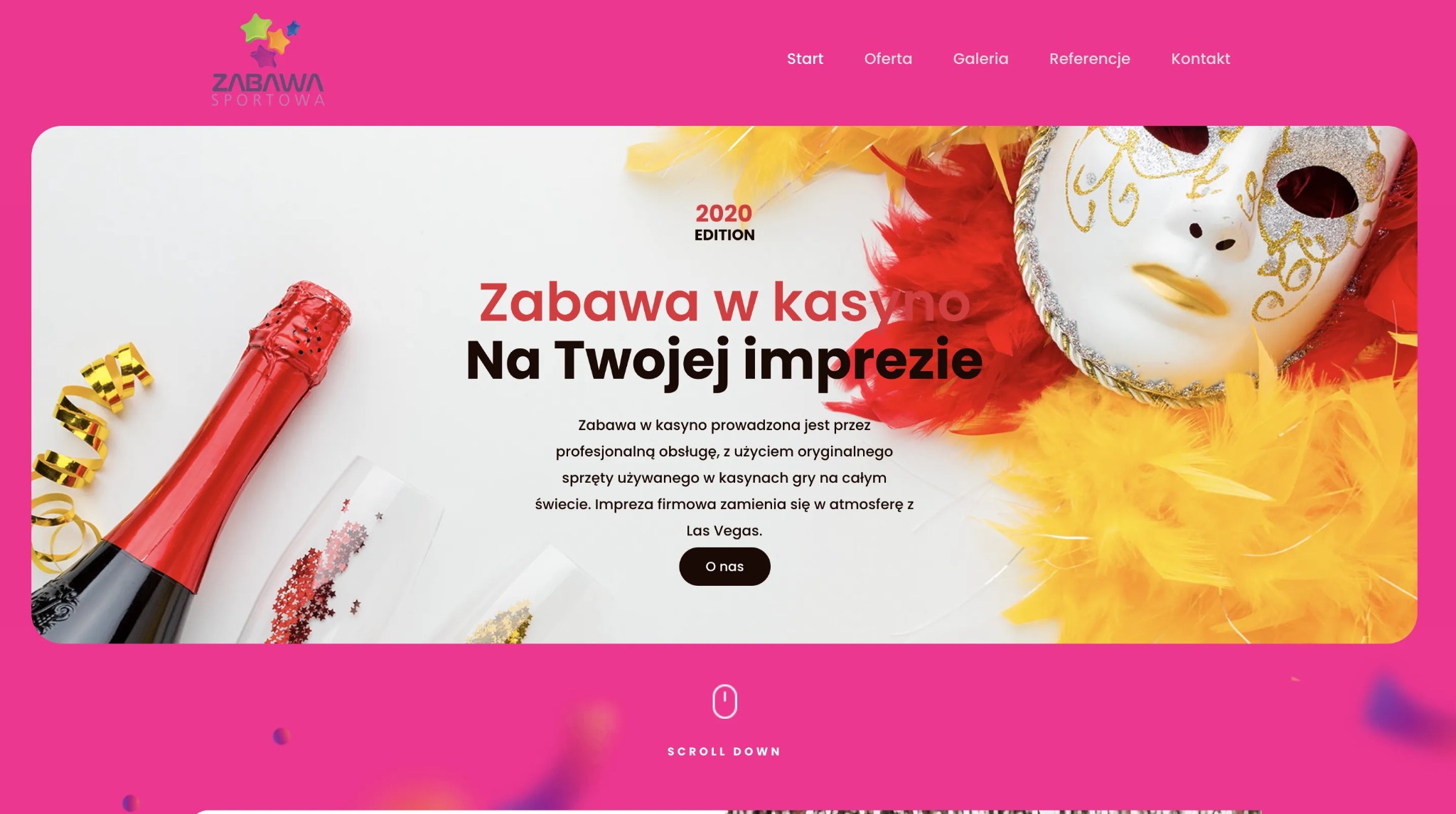 Strona internetowa z ofertą zabawy w kasyno na imprezie firmowej. Dekoracje kasynowe: butelka szampana, kieliszki, maska wenecka i pióra. Kolorystyka: róż, biel, złoto, czerwień.