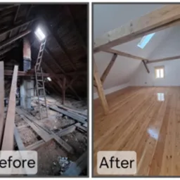 Zdjęcie 'przed i po' przedstawia remont poddasza: od zagraconego strychu z drewnianą konstrukcją do jasnego, odnowionego pokoju z drewnianą podłogą i oknem dachowym.