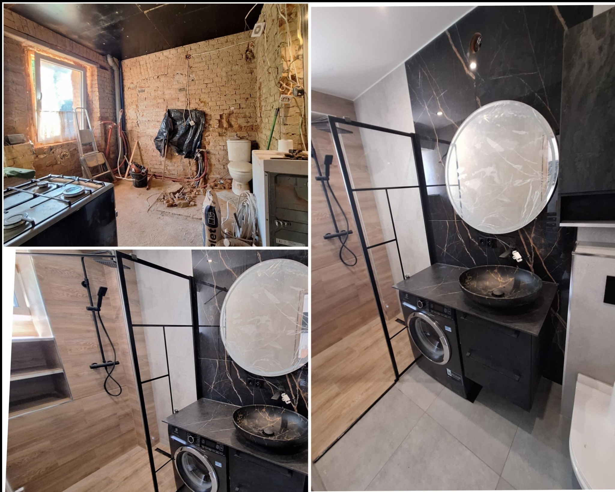 Kolaż: łazienka przed i po remoncie. Po lewej: surowe mury, instalacje. Po prawej: nowoczesna kabina prysznicowa, umywalka na szafce z pralką, marmurowe płytki.