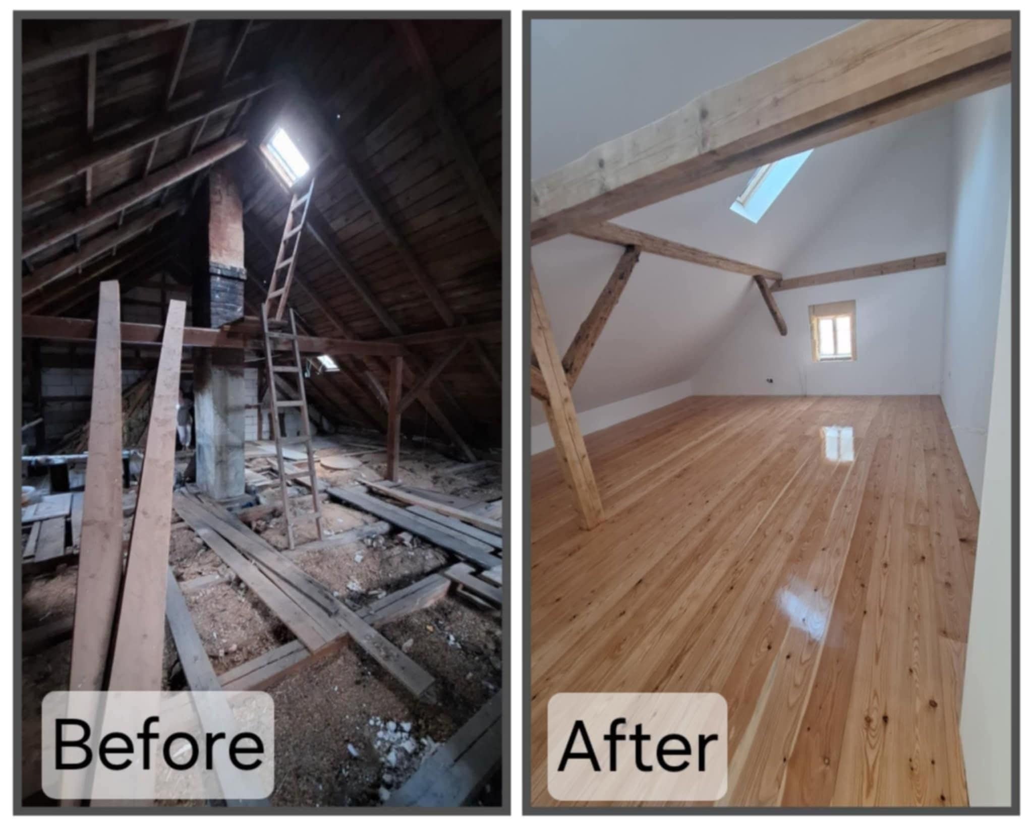 Zdjęcie 'przed i po' przedstawia remont poddasza: od zagraconego strychu z drewnianą konstrukcją do jasnego, odnowionego pokoju z drewnianą podłogą i oknem dachowym.