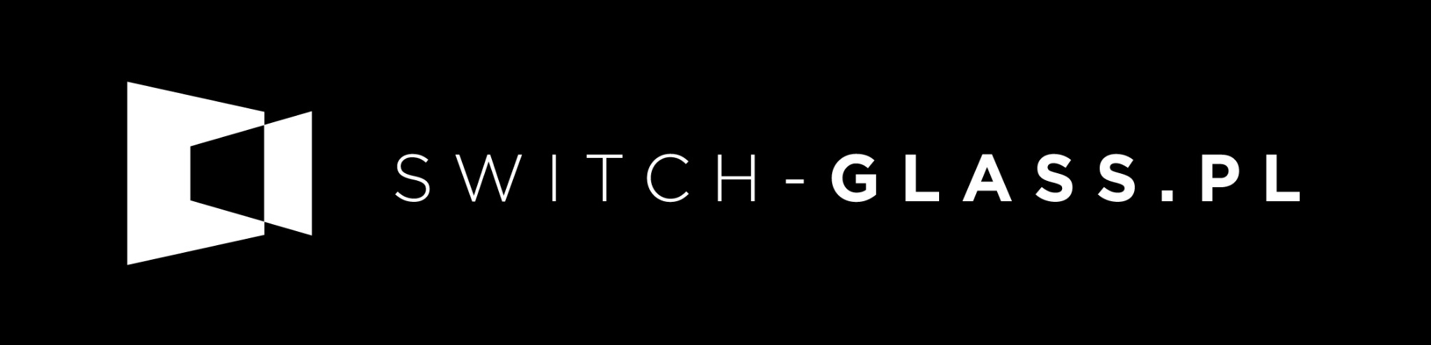 Logo firmy Switch-Glass.pl z geometrycznym symbolem po lewej stronie, na czarnym tle. Minimalistyczny design.