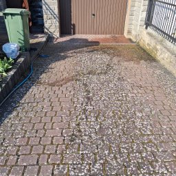 Mycie wysokociśnieniowe - Częściowo umyta, czerwona kostka brukowa przed garażem, z widocznymi śladami białego nalotu i mchu, z niebieskim wężem ogrodowym w pobliżu ścieku.