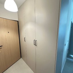 Almal - Jasna, minimalistyczna szafa w przedpokoju z czarnymi uchwytami, dopasowana do koloru drzwi wejściowych i podłogi. Oświetlenie sufitowe.