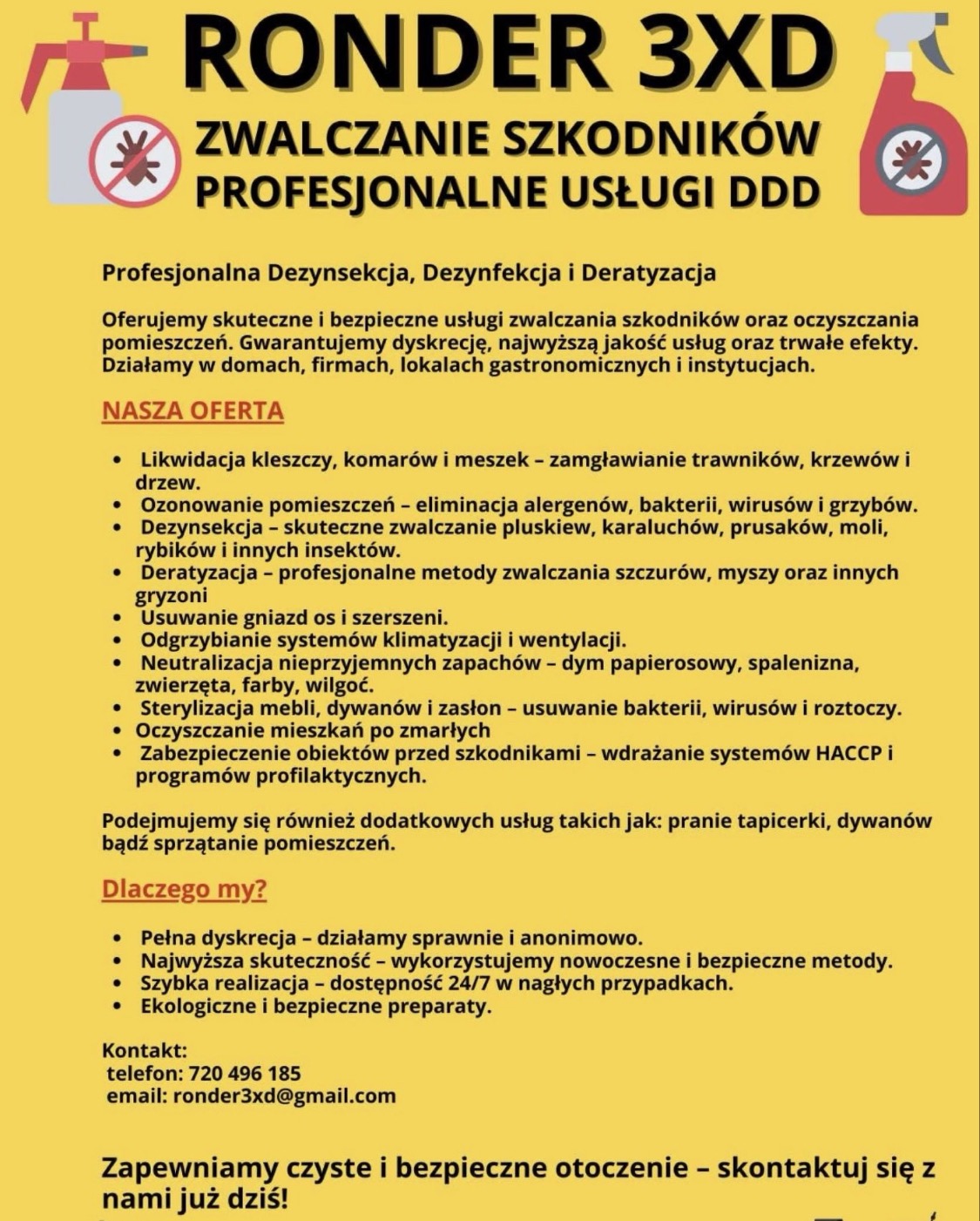 Profesjonalne usługi DDD: zwalczanie szkodników, dezynsekcja, deratyzacja. Oferta obejmuje likwidację kleszczy, komarów, ozonowanie, sterylizację mebli i inne.