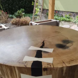 Okrągły blat z litego drewna z czarnym wypełnieniem i ozdobnymi wstawkami, umieszczony na pniu drzewa, w tle drabina i budynek w ogrodzie.