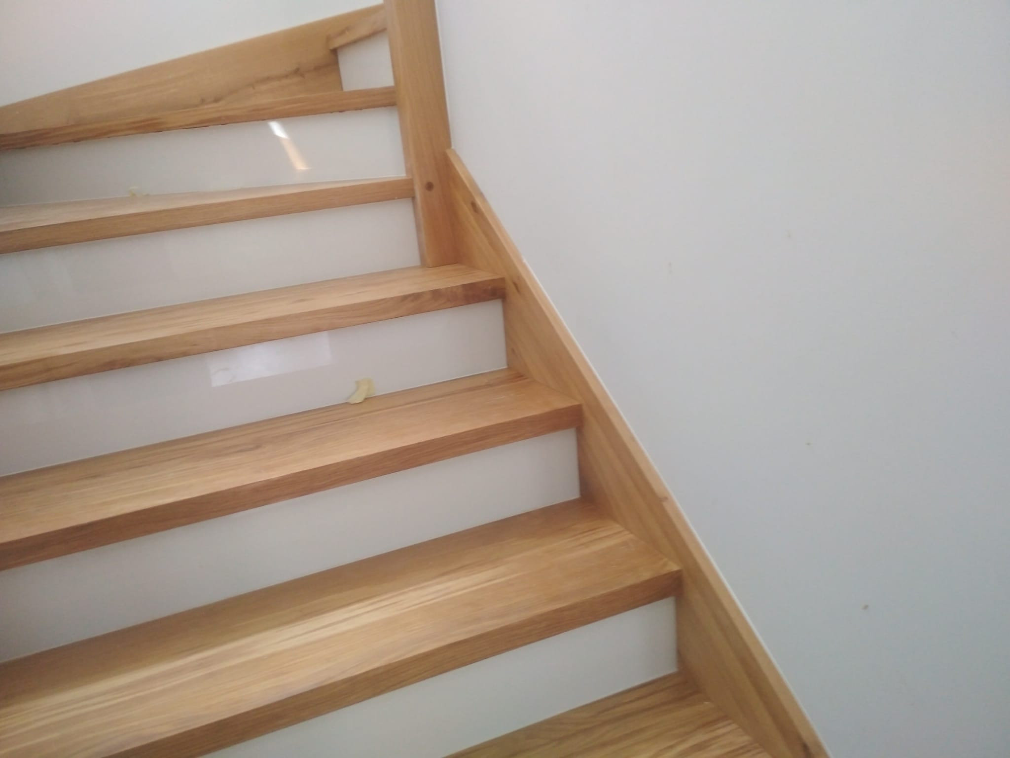 Jasne drewniane schody z białymi podstopnicami, widok z dołu, minimalistyczny design, oświetlenie dzienne.