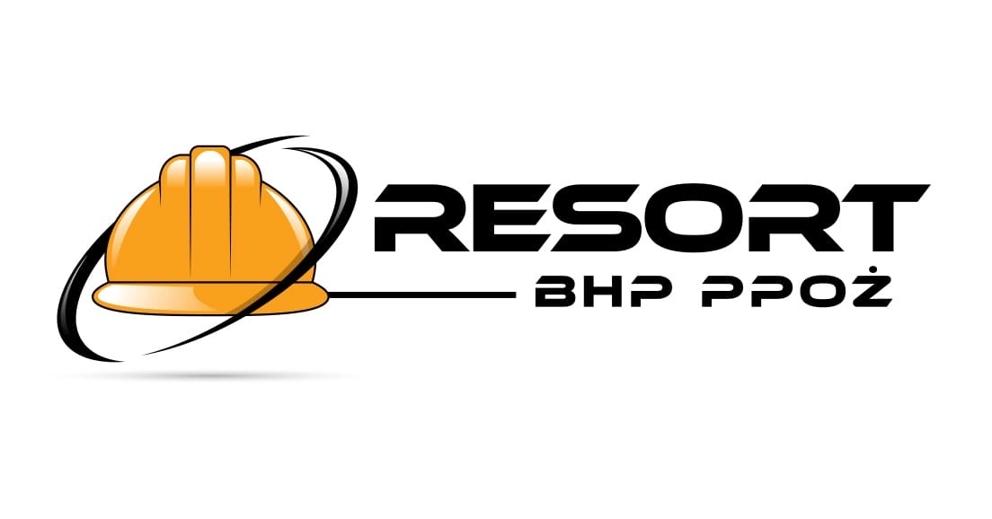 Logo firmy Resort BHP PPOŻ z Zamościa. Grafika przedstawia stylizowany, żółty kask budowlany otoczony czarnymi orbitami i nazwę firmy w czerni.