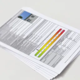 Stos dokumentów ze świadectwem energetycznym budynku, z widoczną skalą zużycia energii i danymi technicznymi. Dokumenty ułożone pod kątem na jasnym tle.