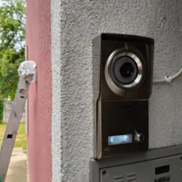 Zamontowany domofon ZAMEL na elewacji budynku w Wałbrzychu. Widoczna drabina oparta o ścianę. Teksturowana powierzchnia ściany w kolorze jasnoszarym.