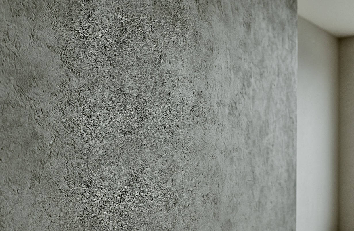 Szara ściana z dekoracyjnym, chropowatym tynkiem strukturalnym w minimalistycznym wnętrzu. Widoczny fragment narożnika pokoju w neutralnej tonacji.
