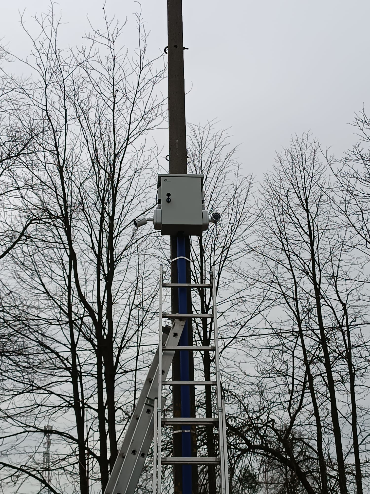 Kamera monitoringu zamontowana na słupie, widoczna drabina i puszka instalacyjna. Tło stanowią drzewa bez liści i pochmurne niebo.