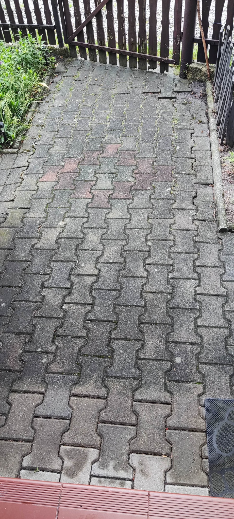 Szara kostka brukowa typu I, częściowo porośnięta mchem, prowadząca do drewnianego ogrodzenia. Widoczne fragmenty roślinności i czarna wycieraczka.