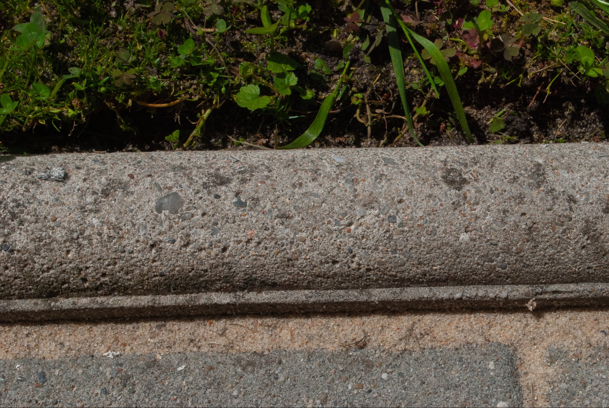 Krawężnik betonowy z widocznymi zabrudzeniami i mchem, w tle trawa i ziemia. Tekstura kostki brukowej. Detal architektoniczny.