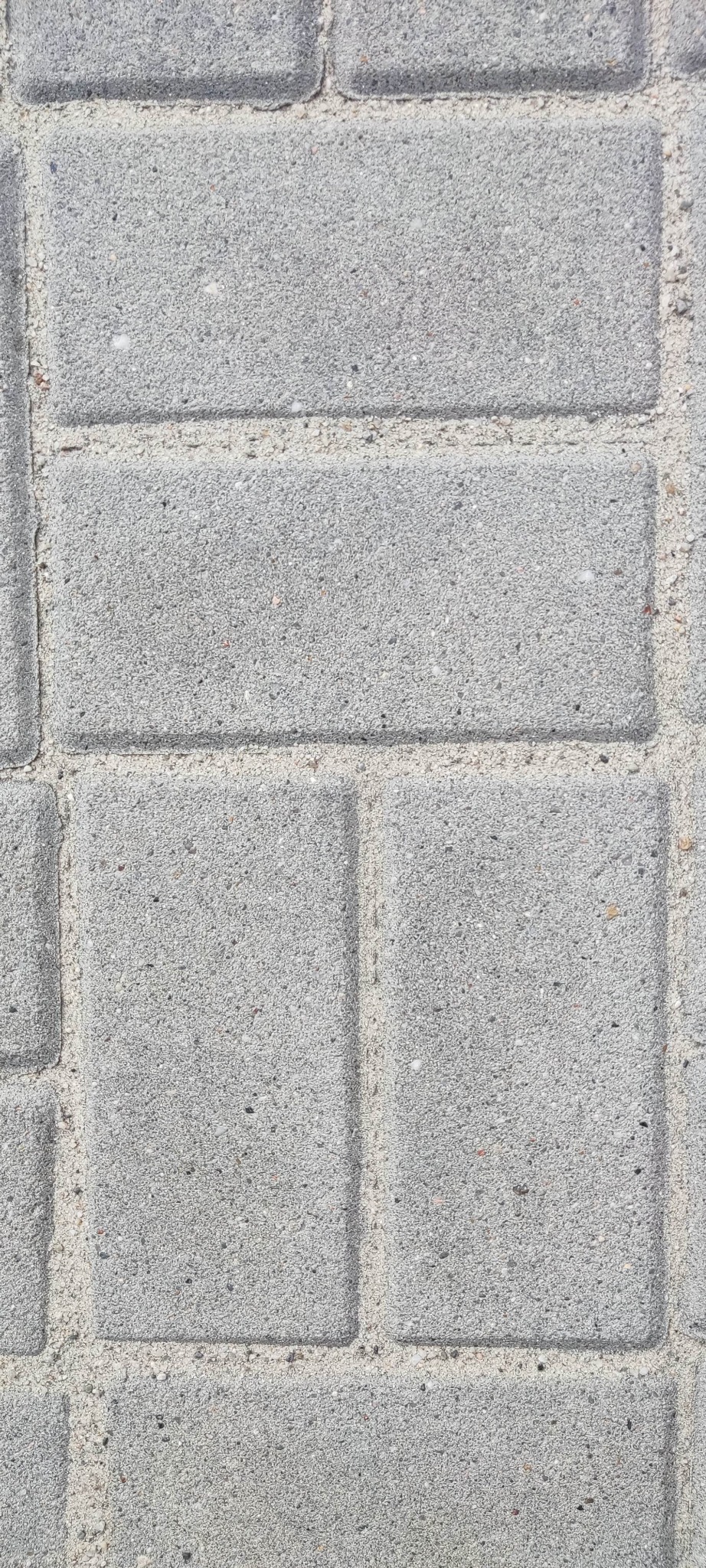 Szara kostka brukowa ułożona w prosty wzór, widok z góry. Delikatne zabrudzenia w fugach podkreślają teksturę materiału.