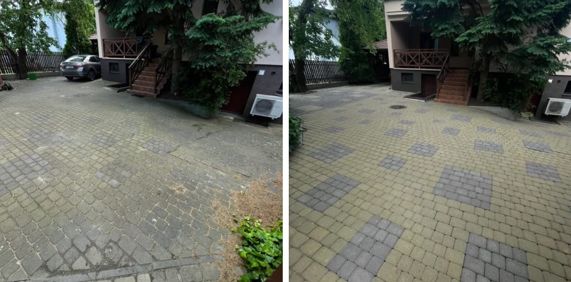 Zdjęcie kostki brukowej przed i po czyszczeniu. Lewa strona brudna, prawa czysta. Widoczny budynek z klimatyzatorem i fragment auta.