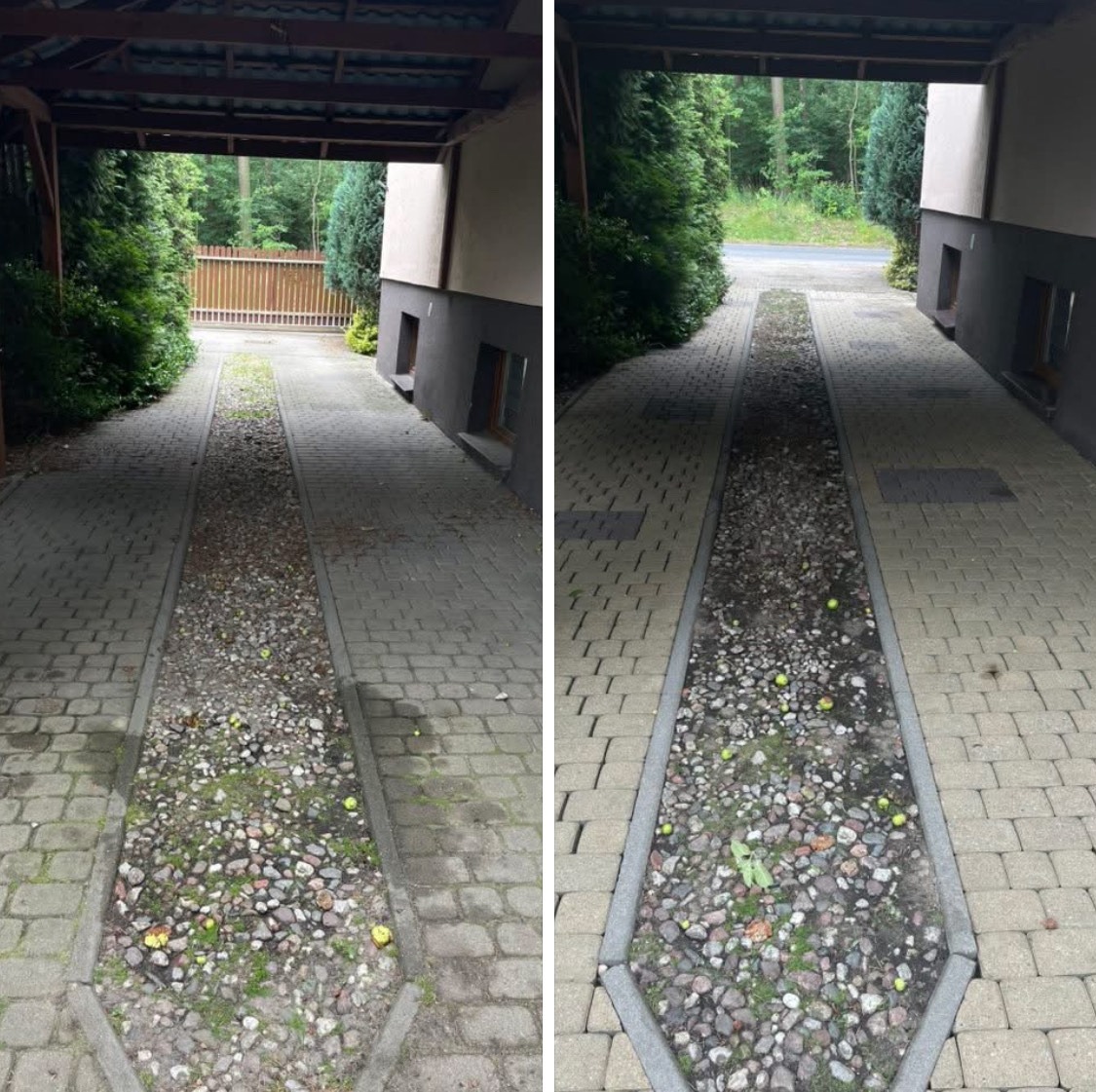 Porównanie stanu kostki brukowej przed i po czyszczeniu. Po prawej stronie kostka czysta, bez mchu i zabrudzeń, po lewej - zanieczyszczona. Widok z góry.