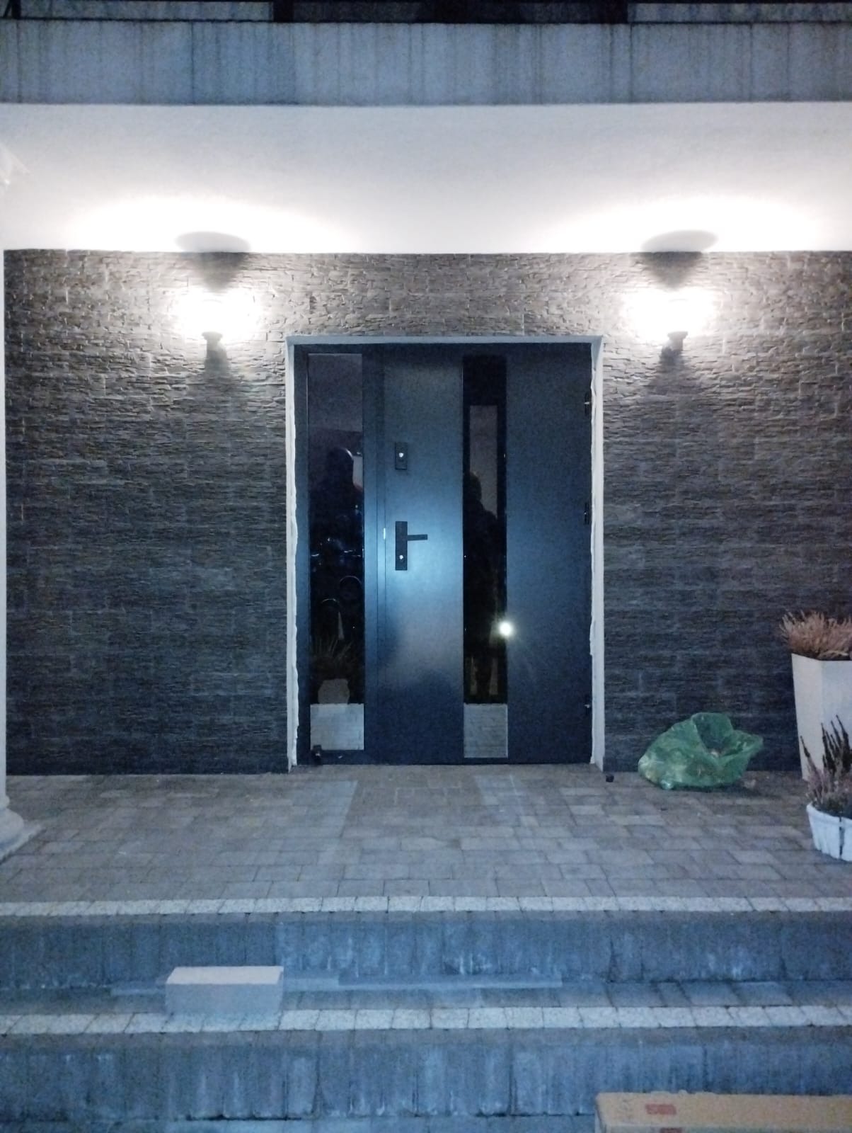 Nowoczesne, grafitowe drzwi wejściowe z przeszkleniami, zamontowane w elewacji z kamienia łupkowego, oświetlone kinkietami. Widoczne schody wejściowe i donice z roślinami.