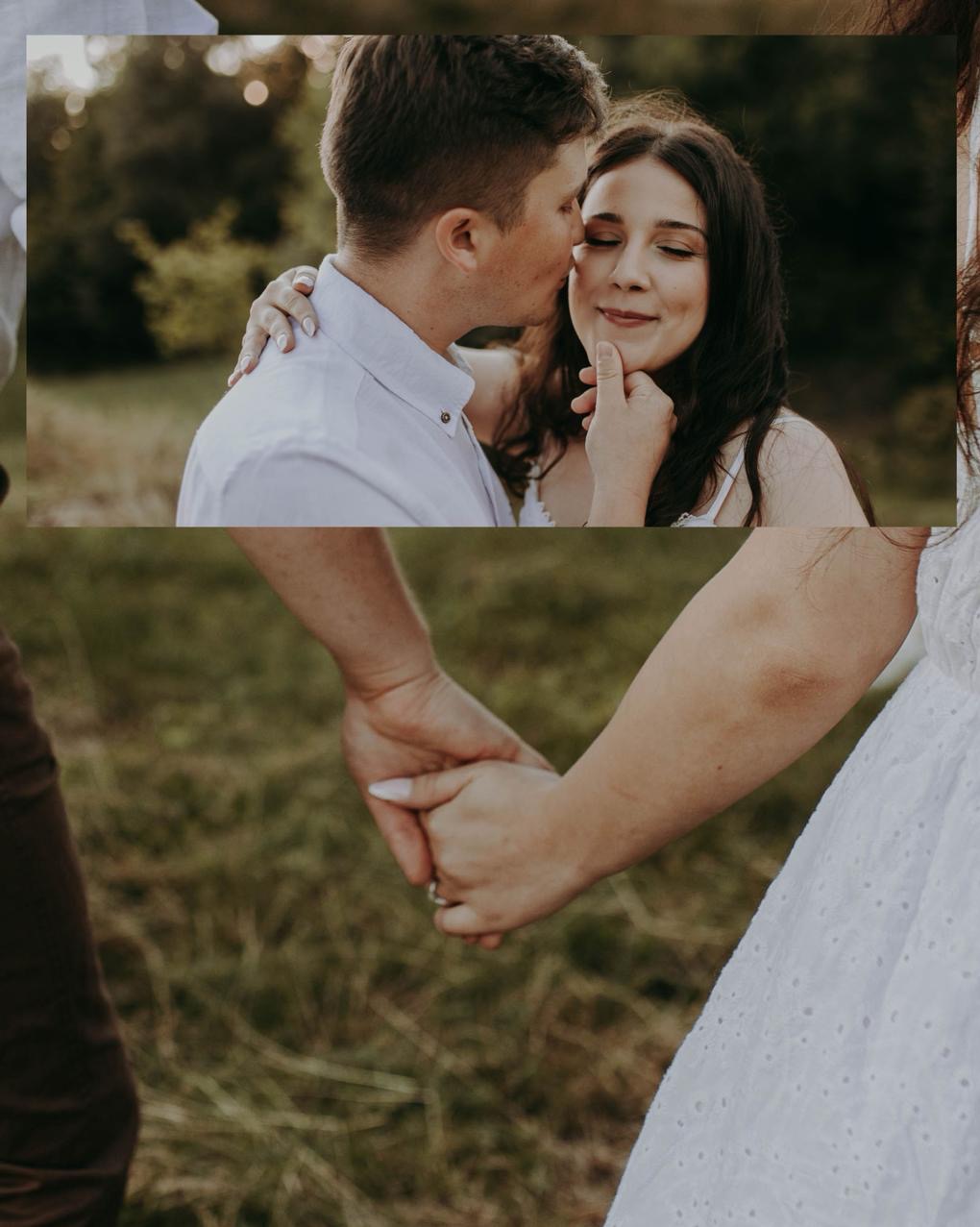 Ujęcie pary trzymającej się za ręce na tle zieleni. Mężczyzna całuje kobietę w policzek, ona z zamkniętymi oczami dotyka jego twarzy. Romantyczna atmosfera.