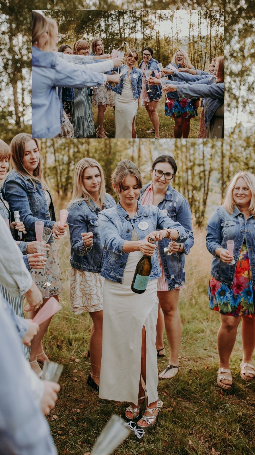 Panna młoda w białej sukni i jeansowej kurtce otwiera szampana w plenerze, w otoczeniu kobiet w jeansowych kurtkach i różnorodnych sukienkach. Świętowanie w lesie, radosna atmosfera.
