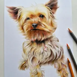Ręcznie rysowany portret psa rasy Yorkshire Terrier z przymrużonym okiem, wykonany kredkami na białym papierze, z widocznymi kredkami obok.