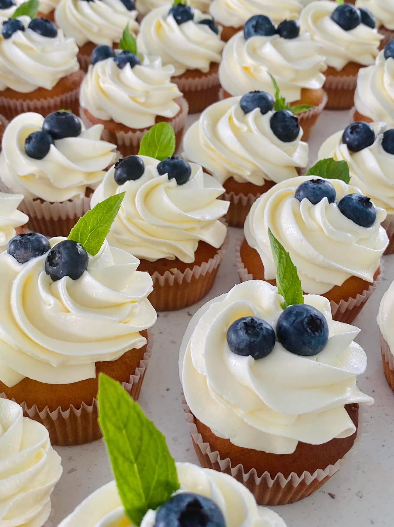 Rząd babeczek z kremem, udekorowanych borówkami i listkami mięty. Krem ma delikatny, spiralny wzór. Widoczne papierowe foremki.