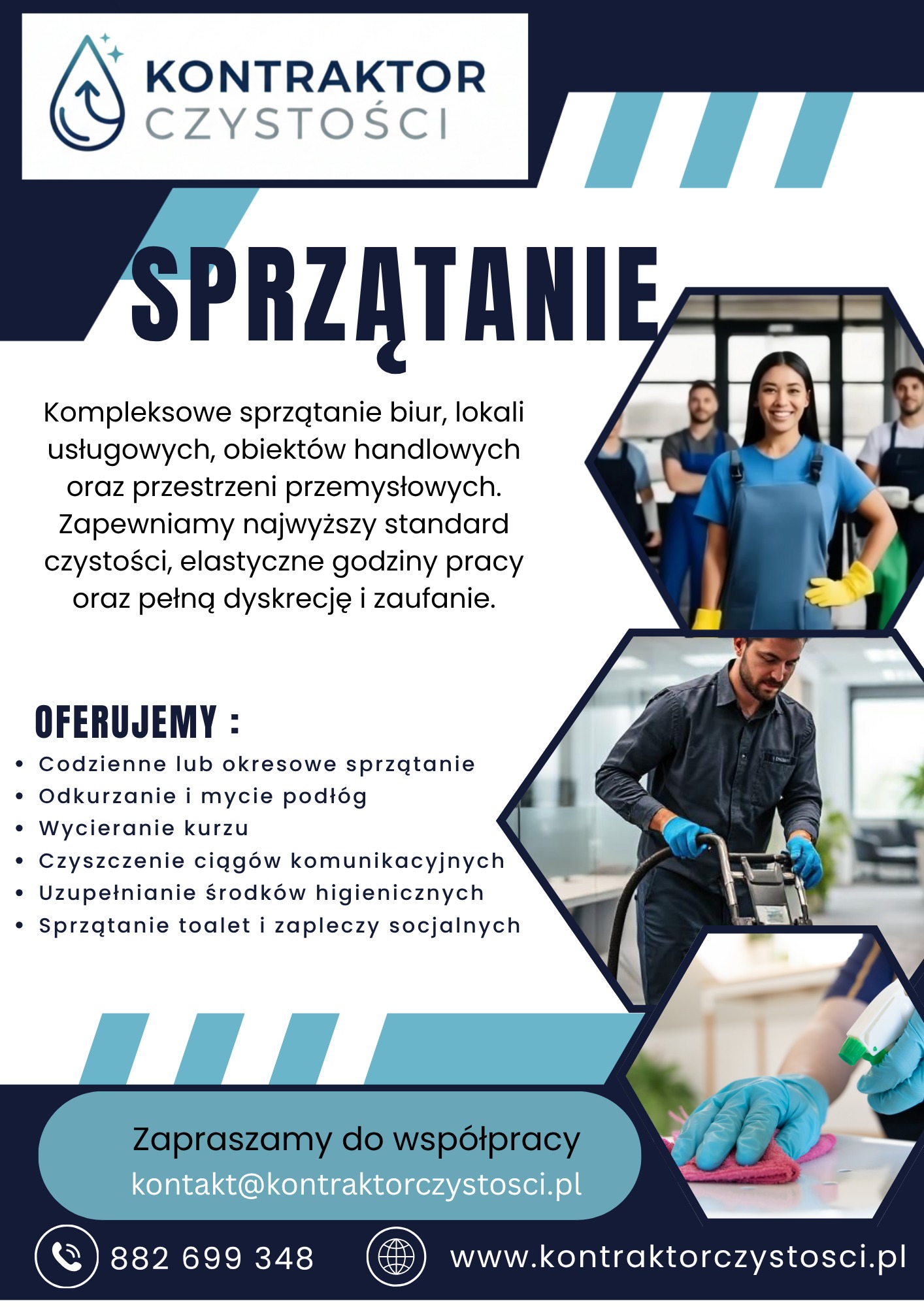 Grafika reklamowa firmy sprzątającej: uśmiechnięty zespół, czyszczenie podłóg i powierzchni, oferta kompleksowego sprzątania biur i lokali. Zapraszamy do współpracy!