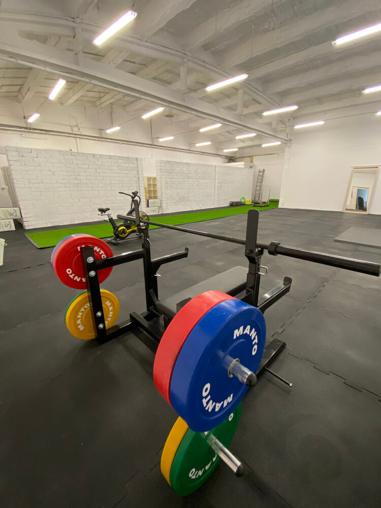 Profesjonalna siłownia: stojak ze sztangą obciążony kolorowymi talerzami Manto, w tle sprzęt do ćwiczeń, sztuczna trawa i drabina.