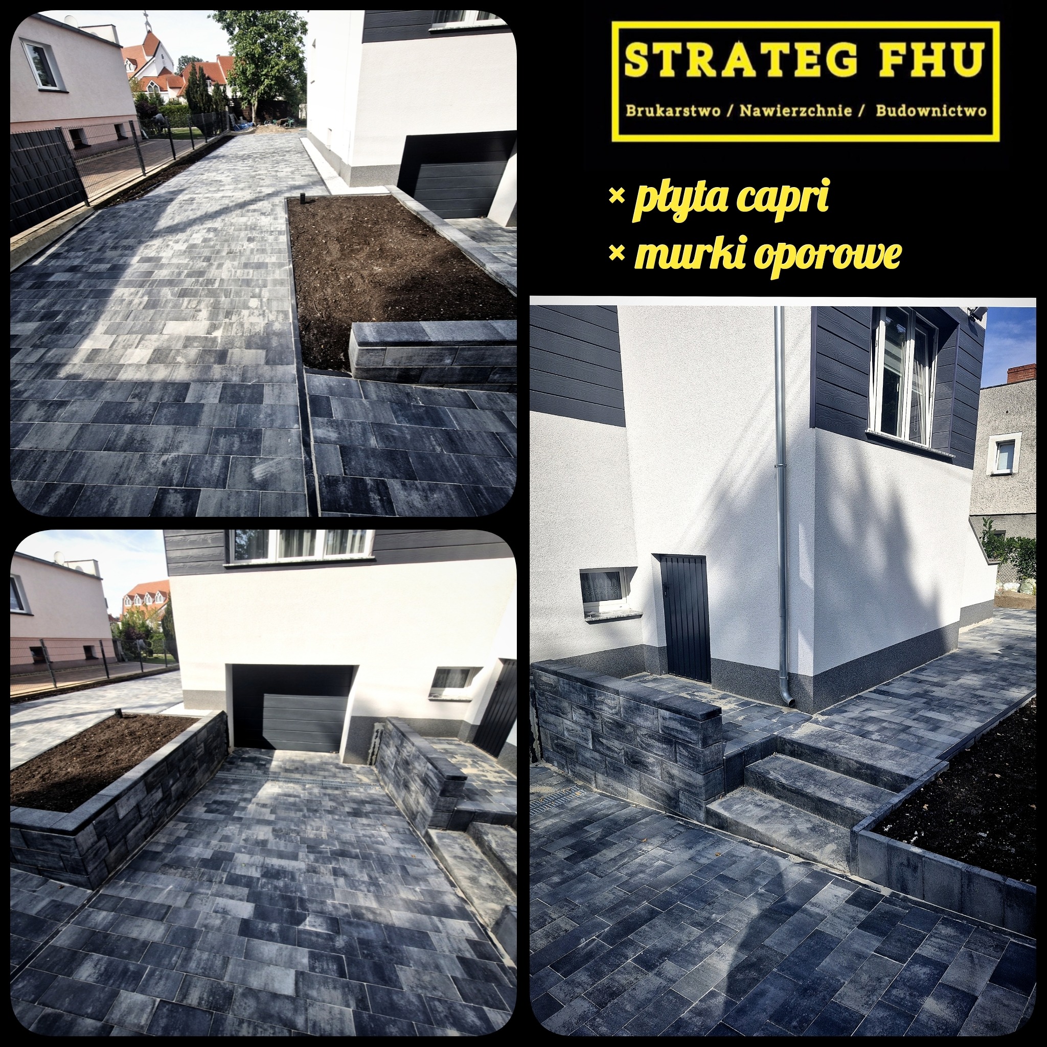 Kompozycja z czterech ujęć prezentuje posesję z antracytową kostką Capri i murkami oporowymi, podkreślając nowoczesny design i dbałość o detale.