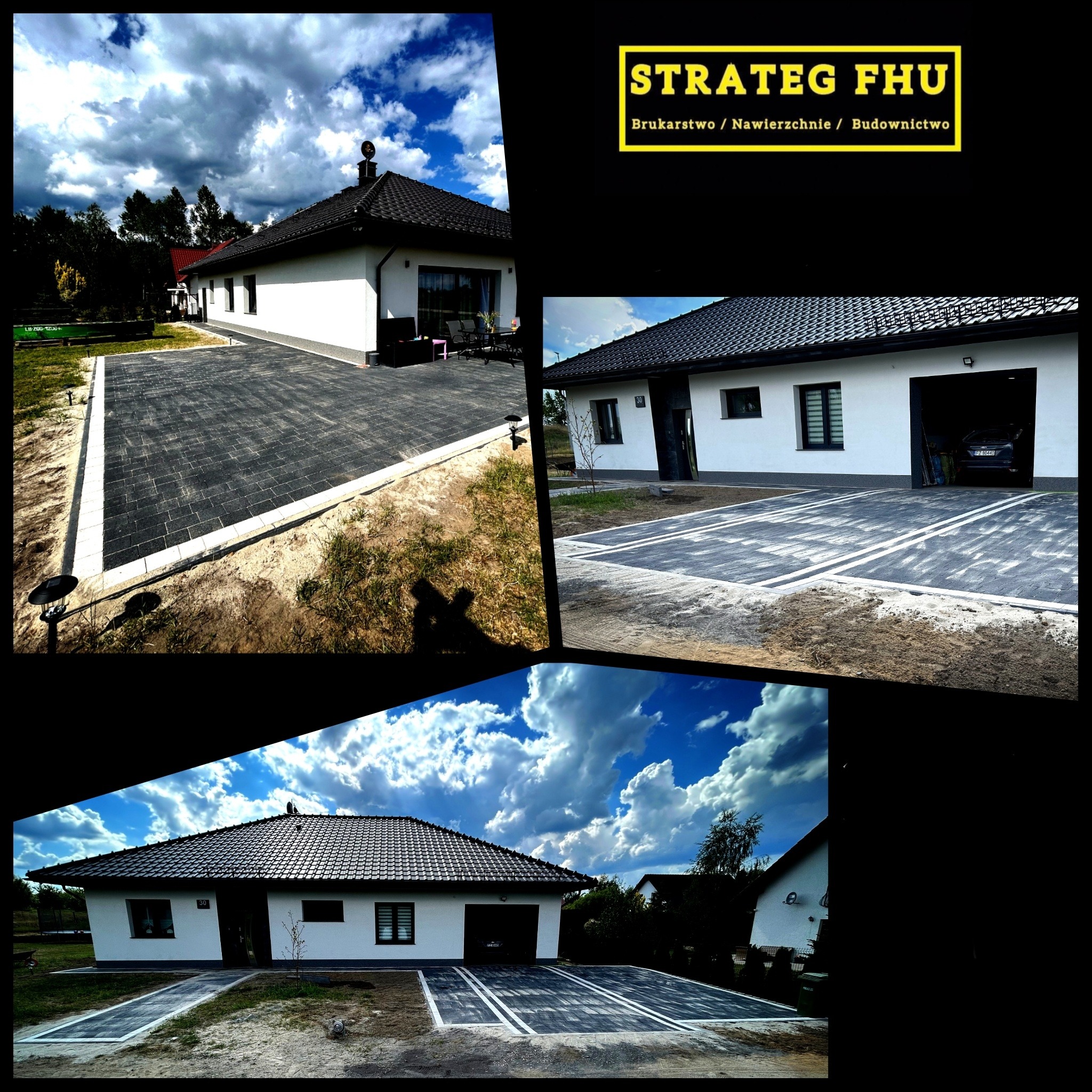 Nowoczesny dom z ciemną kostką brukową ułożoną na podjeździe i ścieżce. Białe obramowanie kostki. Ujęcie w słoneczny dzień z widocznymi chmurami.