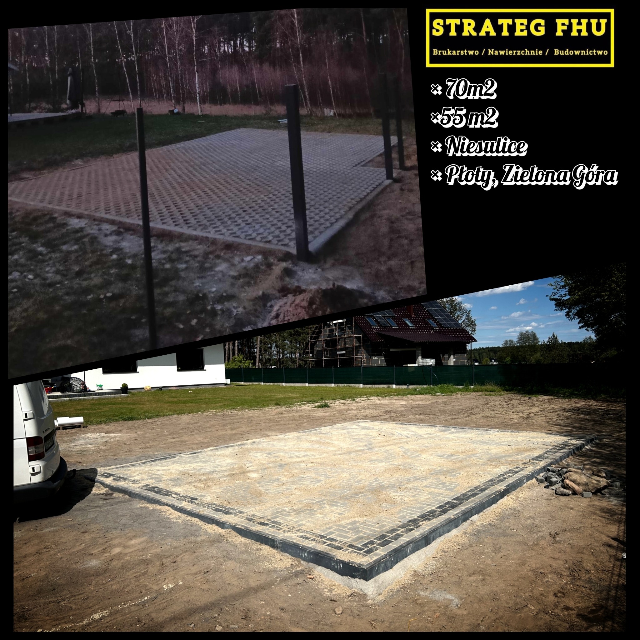 Dwa ujęcia: górne - nawierzchnia z ażurowych płyt, dolne - plac wyłożony kostką w Starym Zagór. Widoczne obrzeża i przygotowane podłoże.