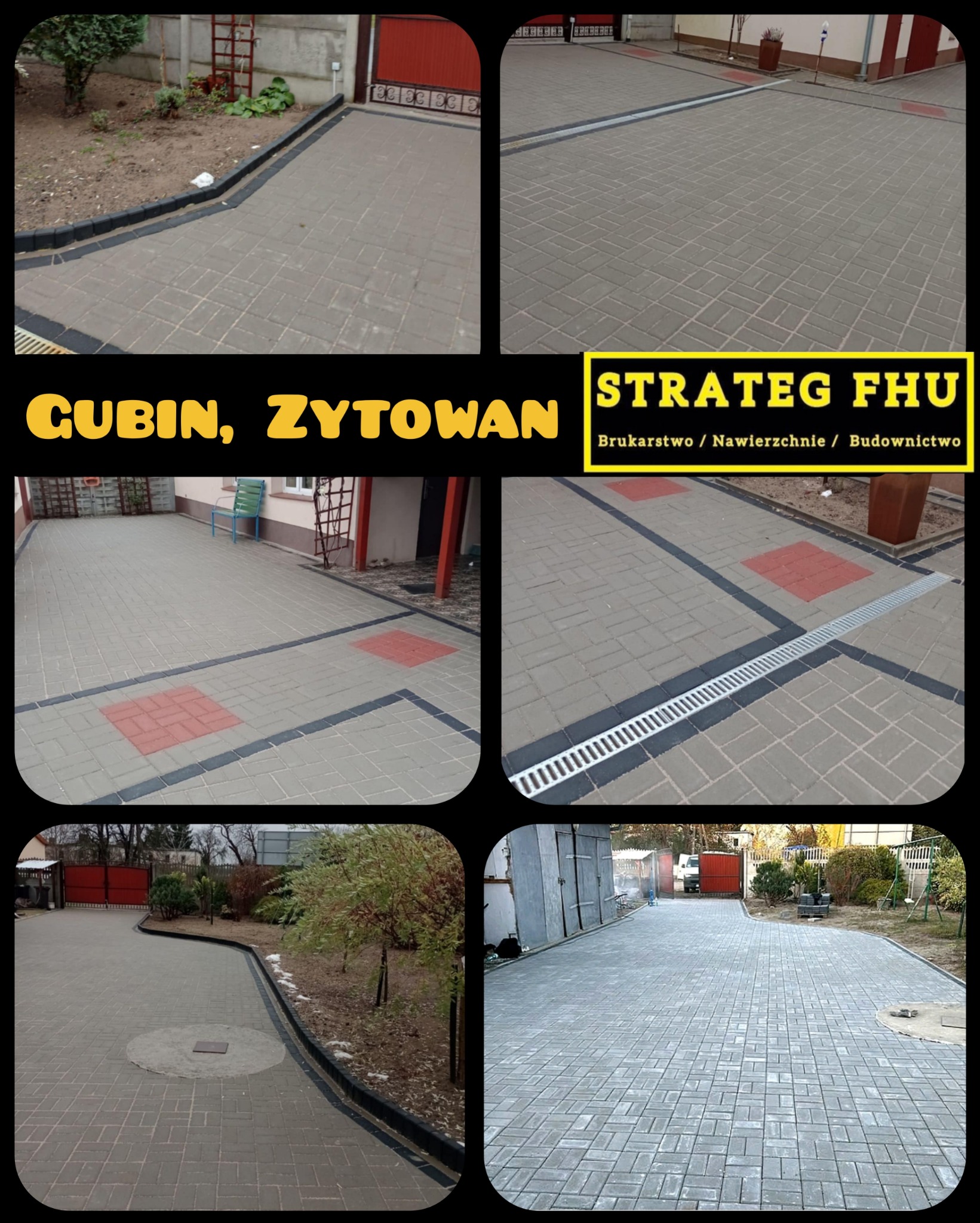 Kompozycja zdjęć z realizacji: szara kostka brukowa z ciemnymi obrzeżami, odpływ liniowy, czerwone akcenty. Widoczne budynki, zieleń i brama w tle.