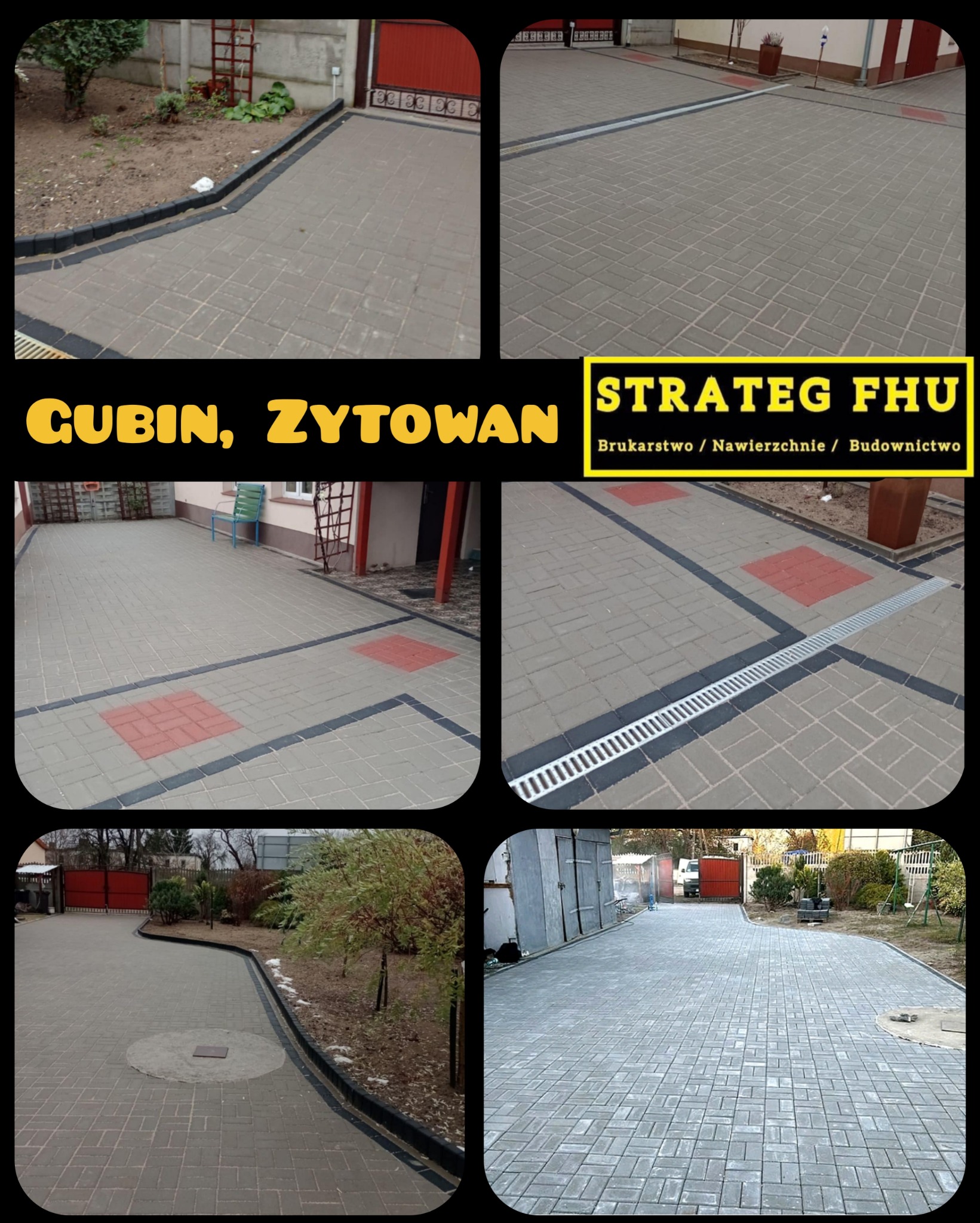 Mozaika zdjęć: ułożona szara kostka brukowa z czarnym obramowaniem i czerwonymi akcentami, widoczne detale drenażu liniowego oraz obrzeża. Całość tworzy estetyczną nawierzchnię.