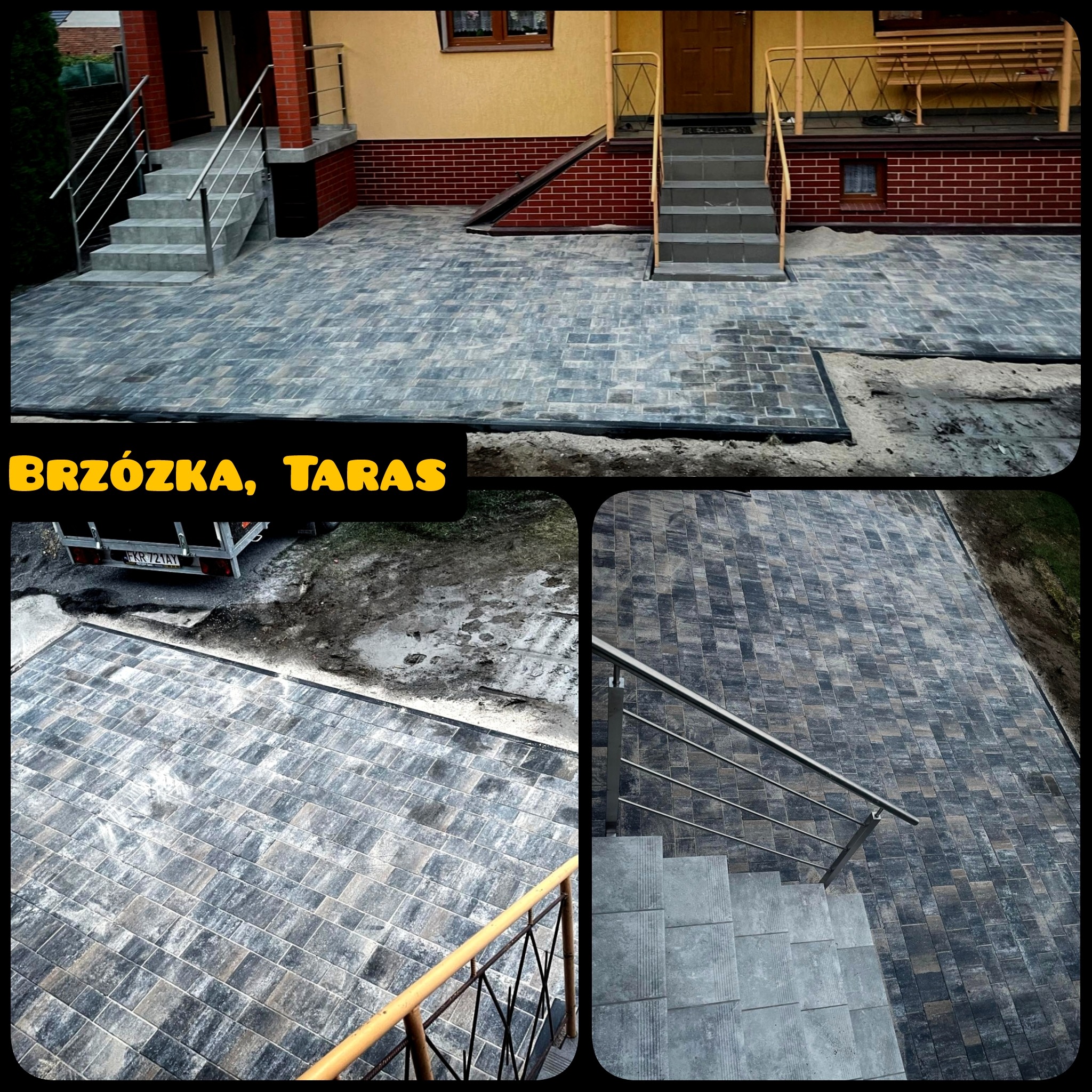 Ułożona kostka brukowa w odcieniach szarości tworząca taras i schody z metalową balustradą. Fragment piasku wskazuje na etap prac wykończeniowych.