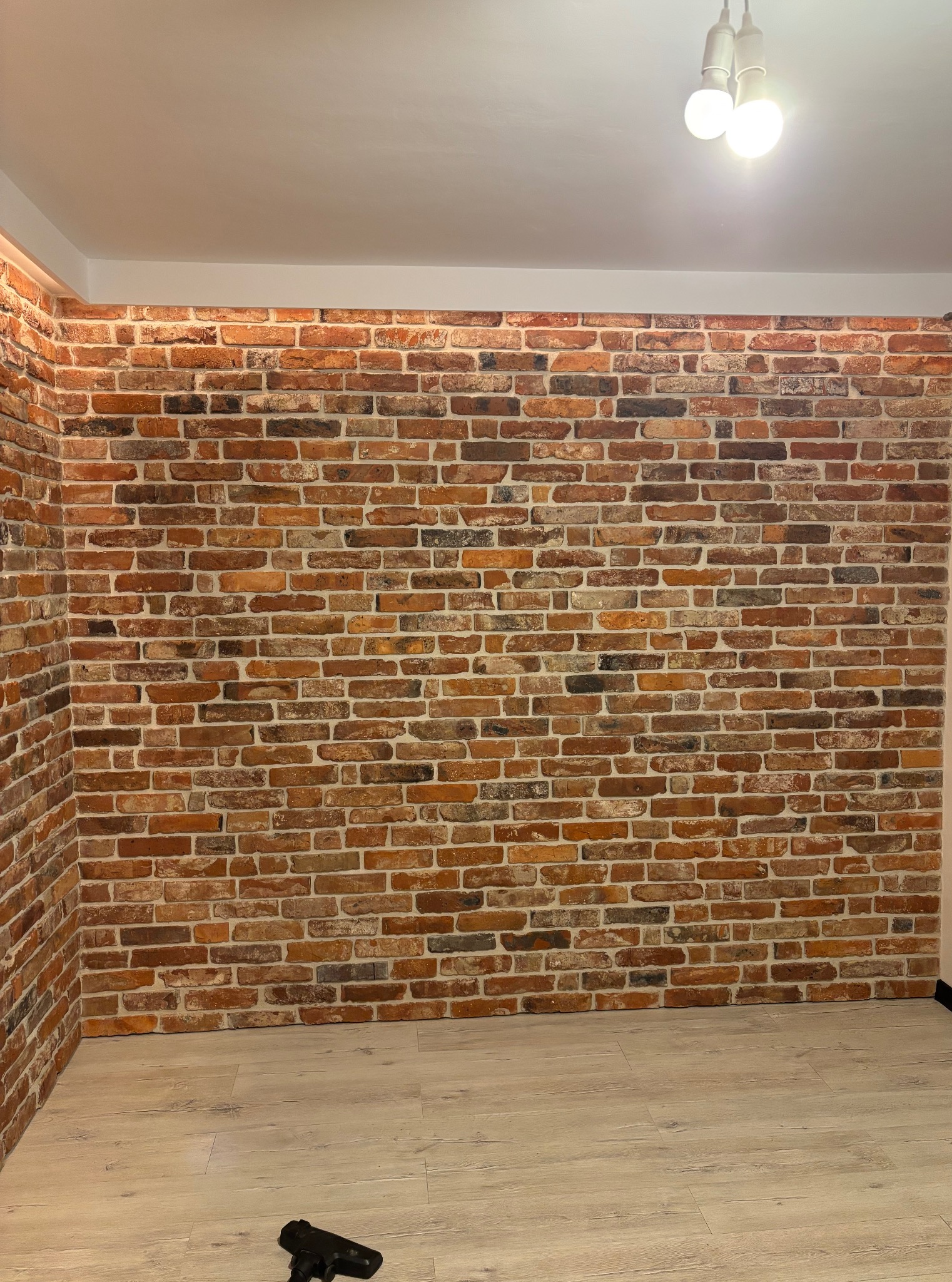Ściana z cegły dekoracyjnej w odcieniach czerwieni i brązu, oświetlona od góry. Na podłodze panele w jasnym odcieniu drewna. Widoczny fragment odkurzacza.